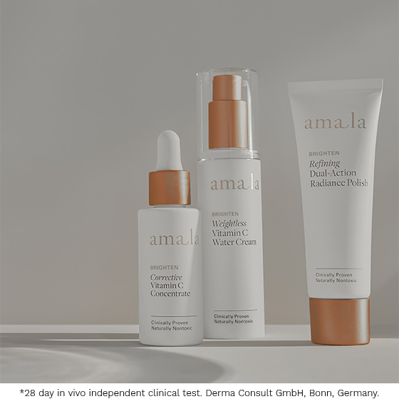 Amala Weightless Vitamin C Water Cream, Refining Dual Action Radiance Polish and Corrective Vitamin C Concentrate. *28 day in vivo independent clinical test. Derma Consult GmbH
